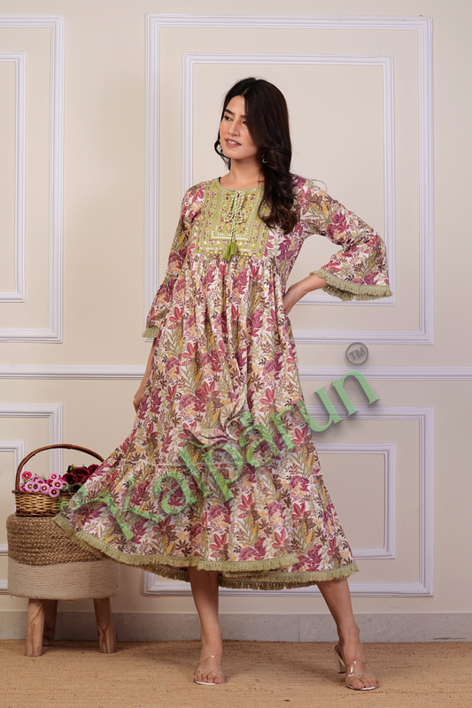 Floral Midi Dress with Bell Sleeves, Pink and Yellow Leaf Print, Green Embroidered Yoke, Fringe Trim