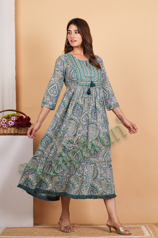 Women's Paisley Print Cotton Midi Dress, Teal Green, 3/4 Sleeves with Tassel Details