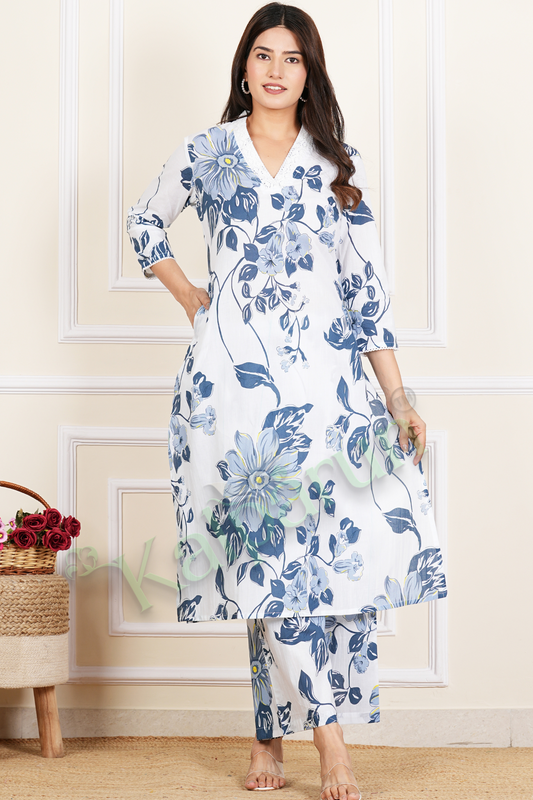 Women's Floral Palazzo Set, White and Blue Printed Cotton Kurta with Pants, V-Neck, 3/4 Sleeves