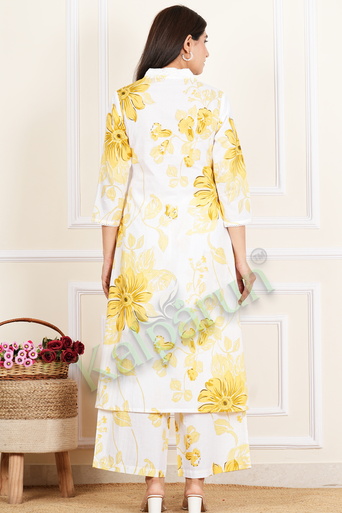 Women's Floral Print Kurta Palazzo Set, White with Yellow Flowers, V-Neck, 3/4 Sleeves