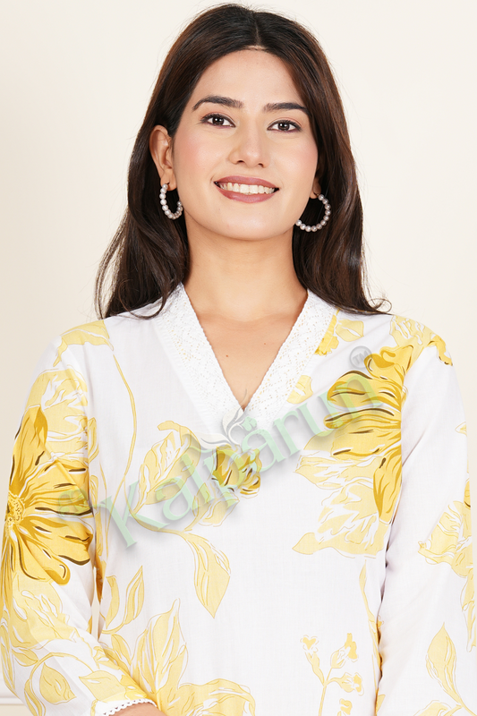 Women's Floral Print Kurta Palazzo Set, White with Yellow Flowers, V-Neck, 3/4 Sleeves