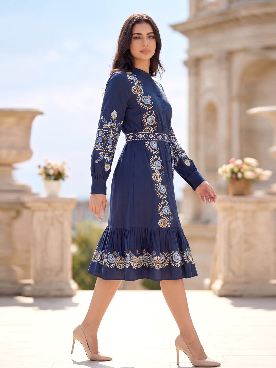 Women’s Blue Cotton Floral Embroidered Midi Dress with Belt