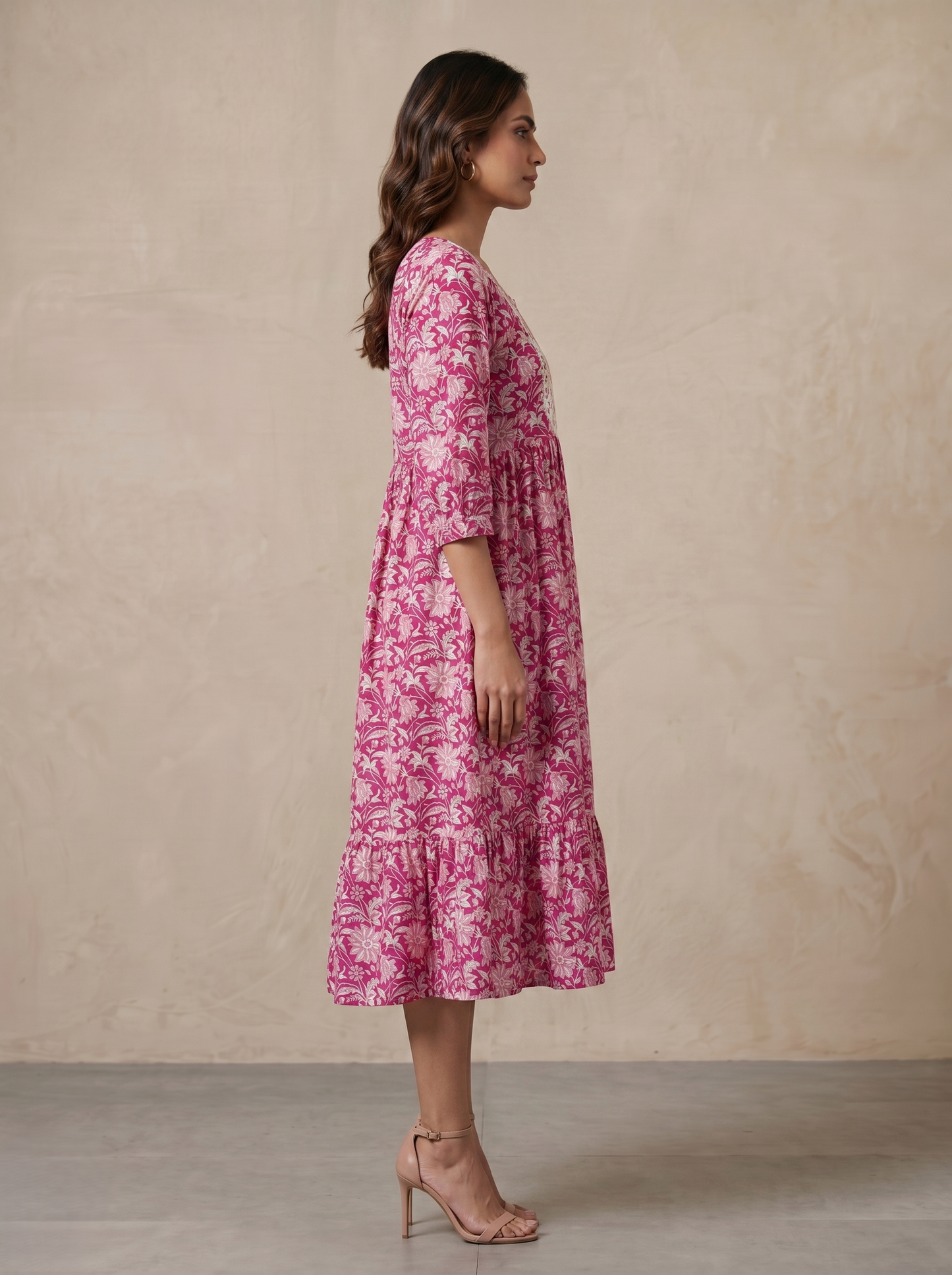 Women's Pink Viscose Rayon Floral Print Midi Dress