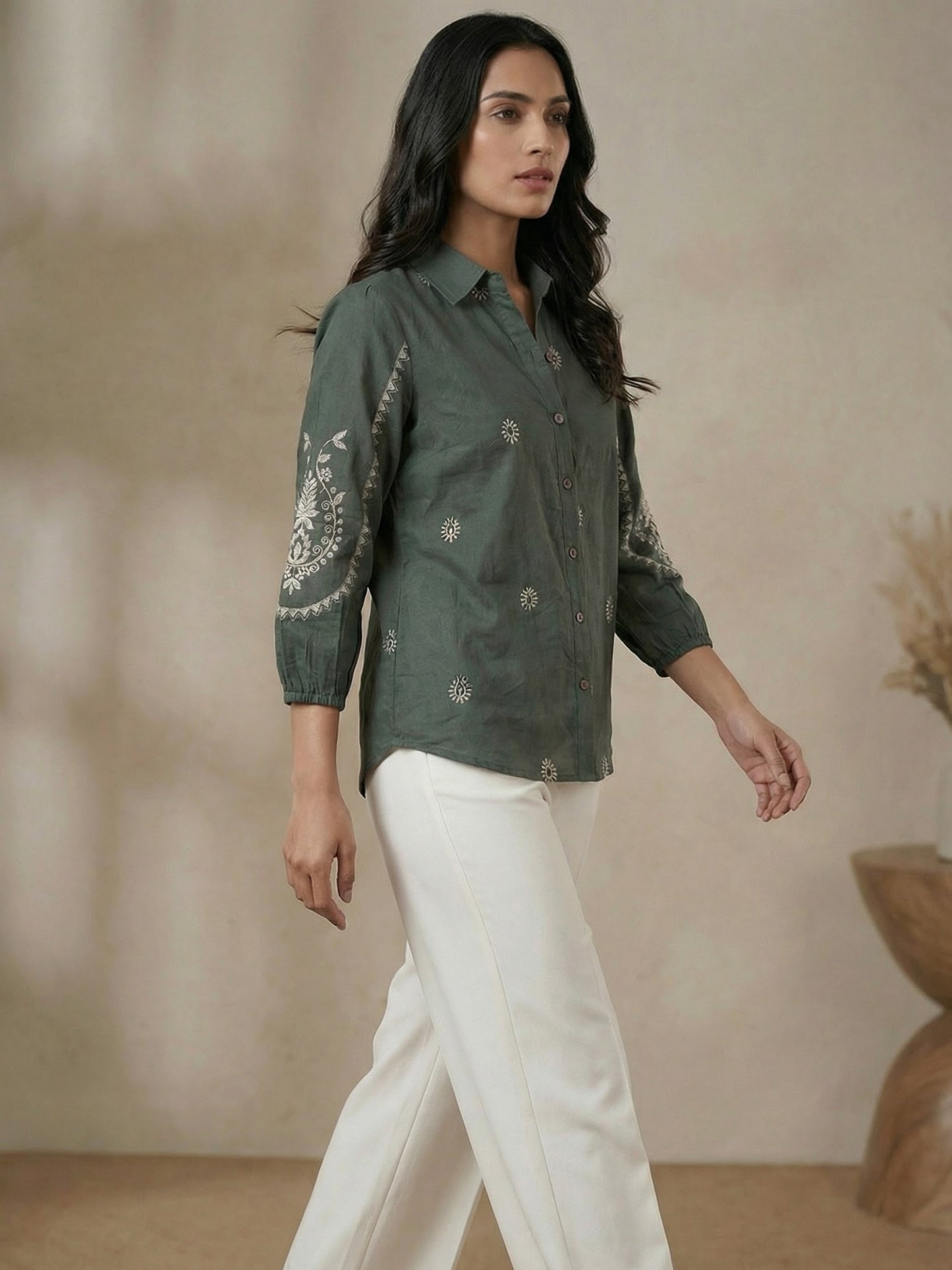 Kalparun Green and Olive Green Embroidered Shirt