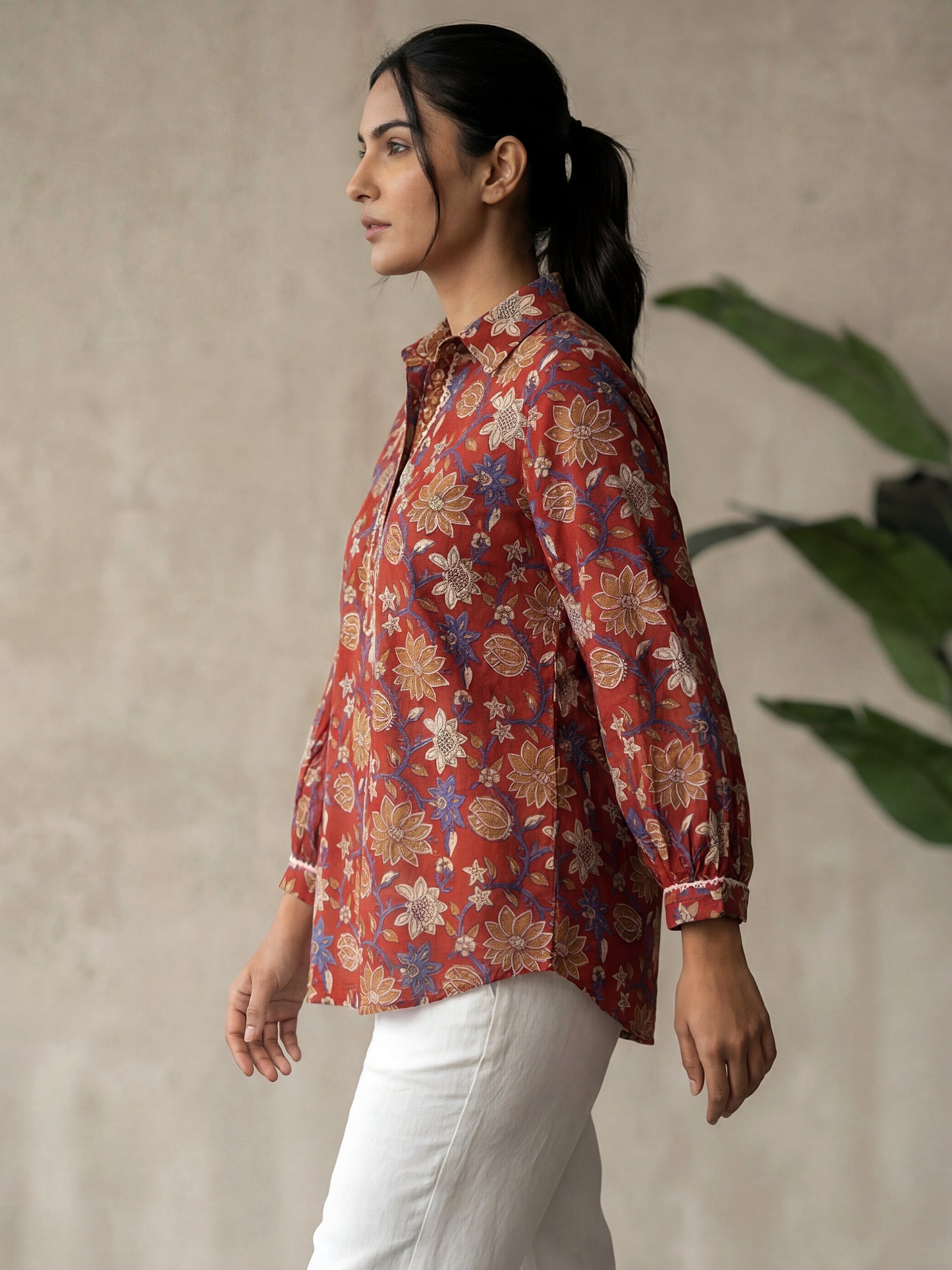 Marron Printed Cotton Shirt for Women