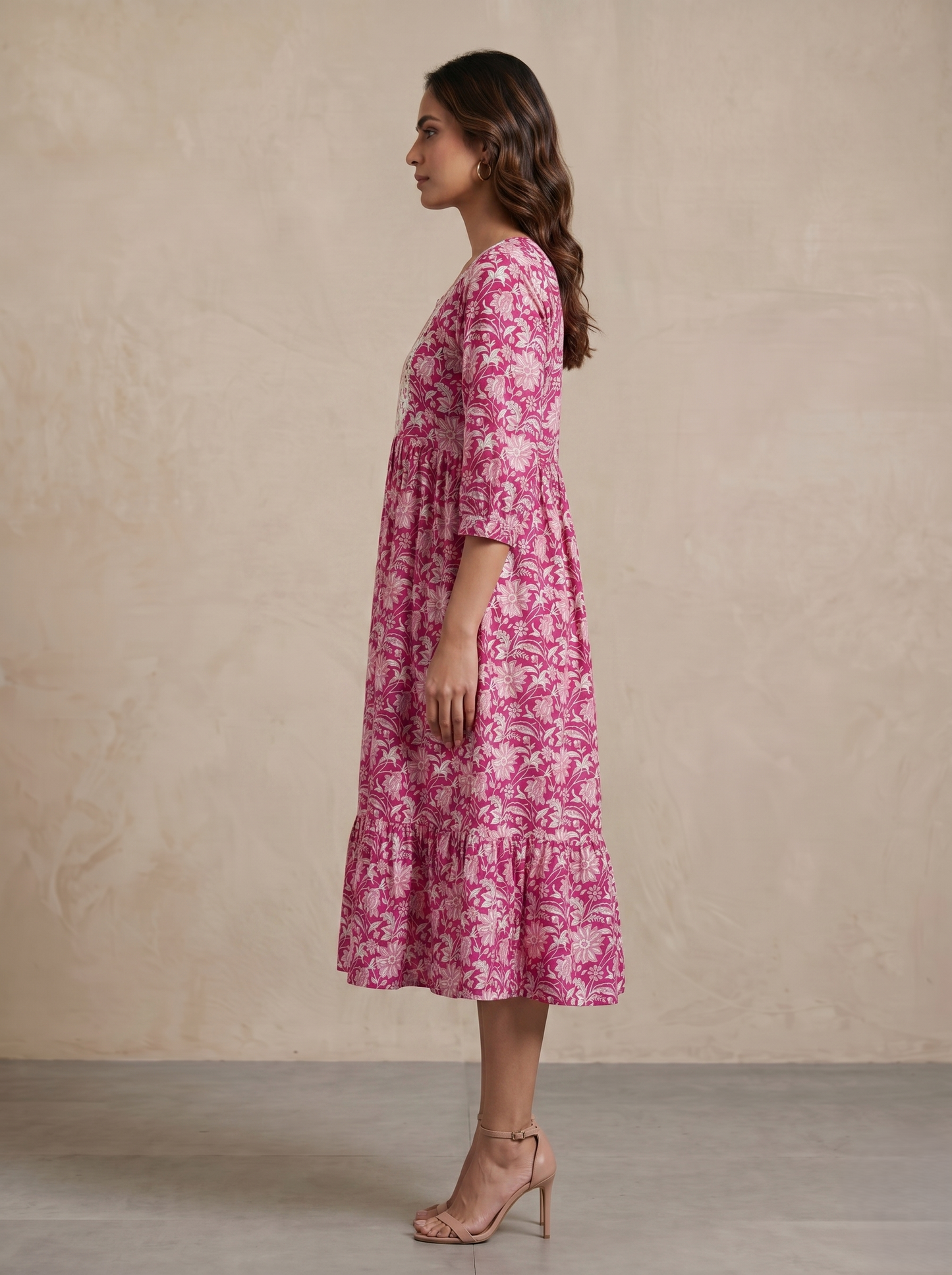 Women's Pink Viscose Rayon Floral Print Midi Dress