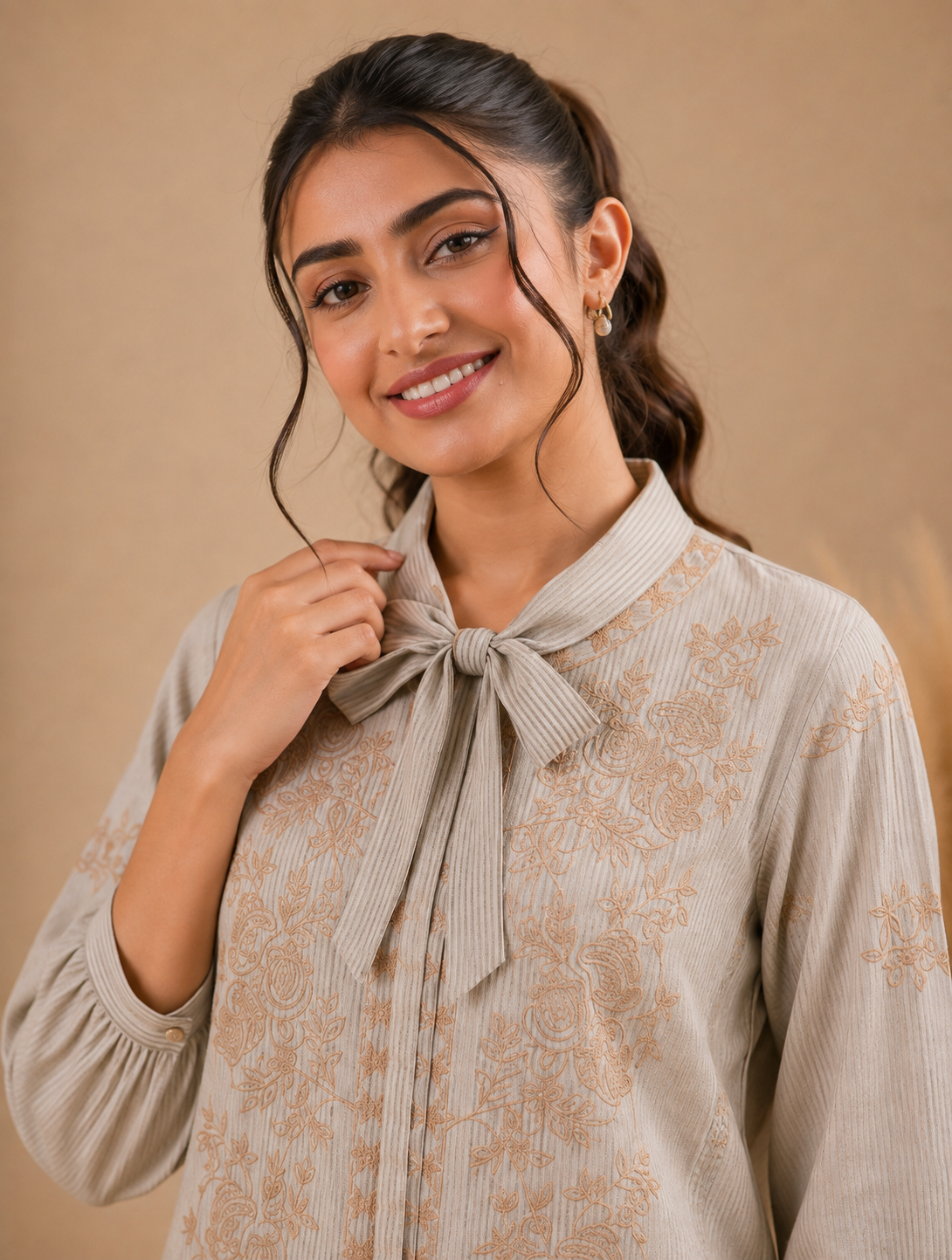 Beige Embroidered Tie-Neck Cotton Co-ord Set for Women