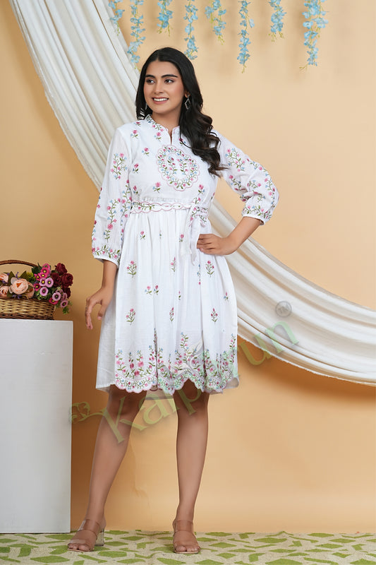 Kalparun Pearl White Cotton Short Dress with Floral Embroidery, 3/4 Sleeves, V-Neck, Sugar Pink and Azure Blooms