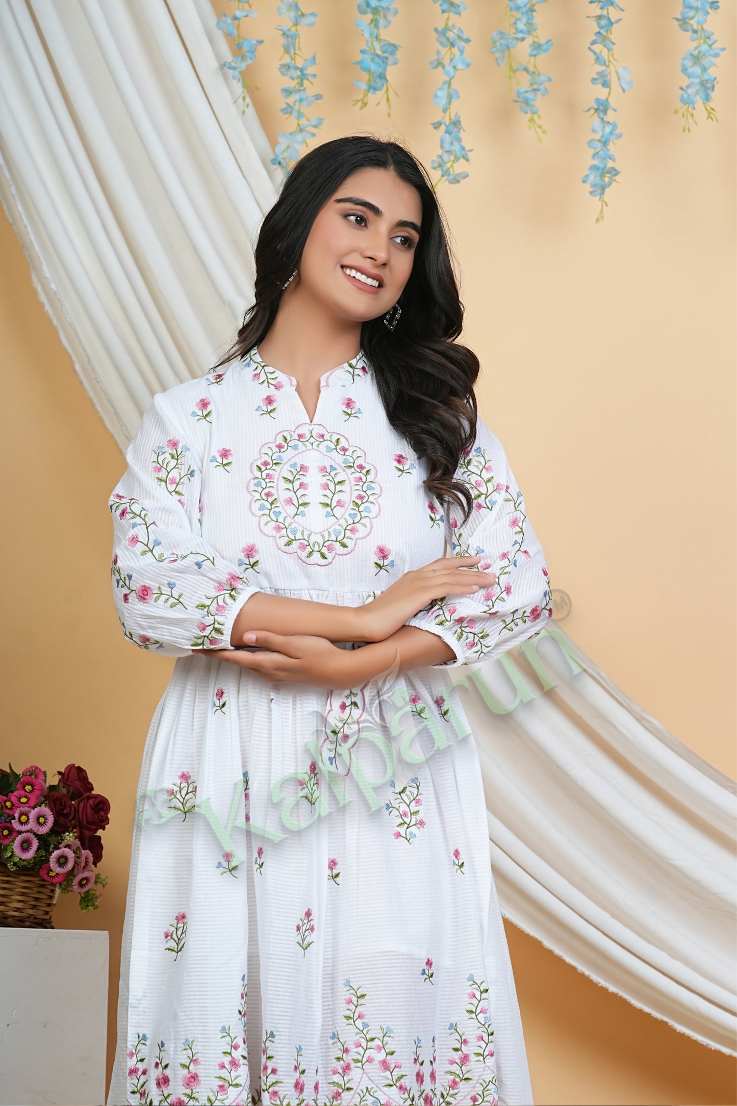 Kalparun Pearl White Cotton Short Dress with Floral Embroidery, 3/4 Sleeves, V-Neck, Sugar Pink and Azure Blooms