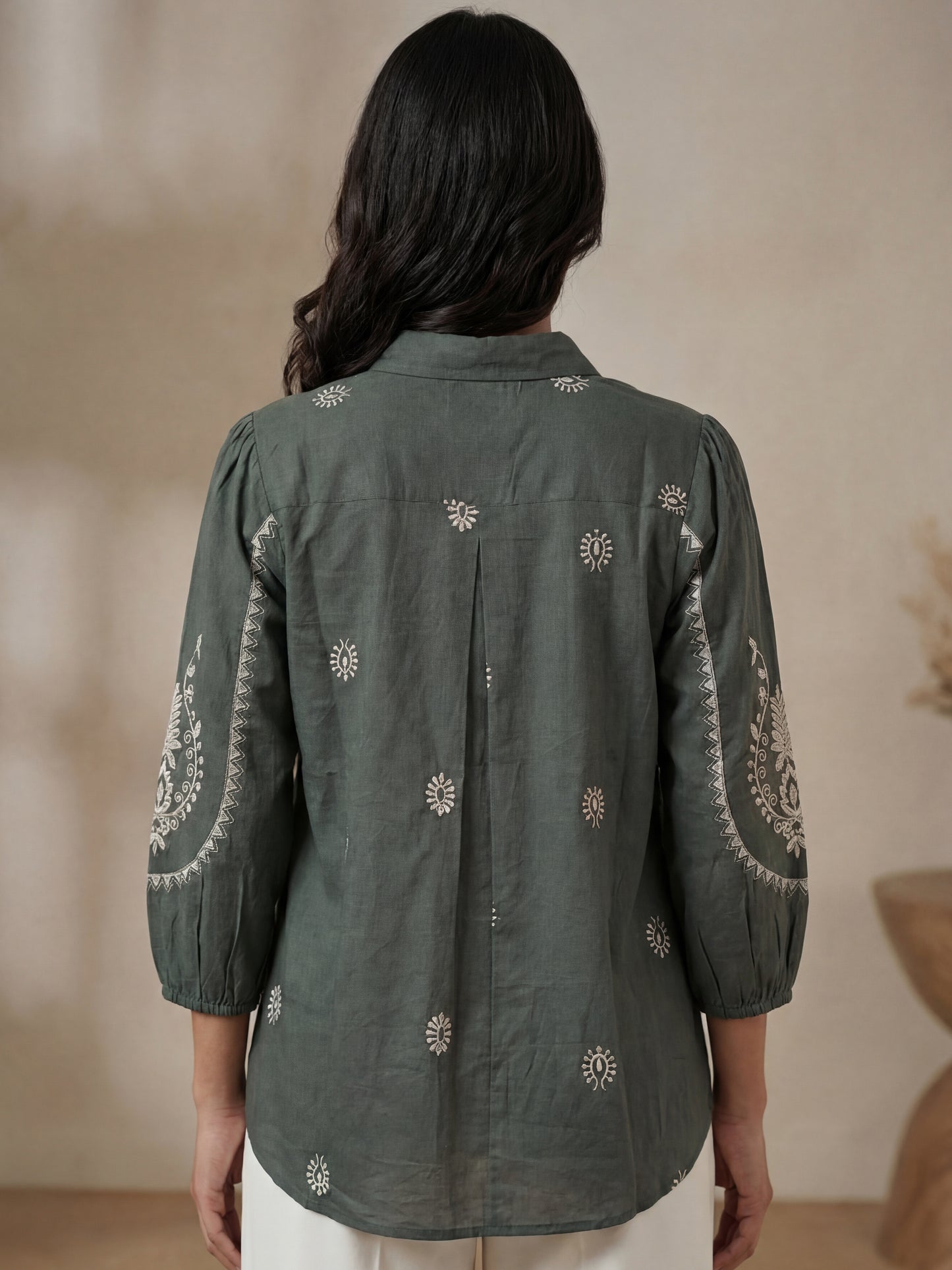 Kalparun Green and Olive Green Embroidered Shirt