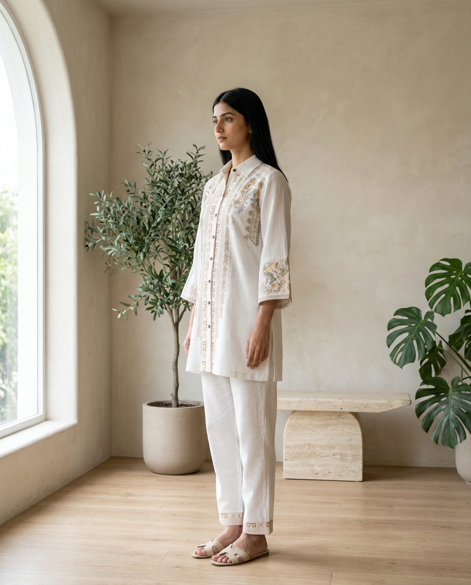 Off White Embroidered Co-ord Set