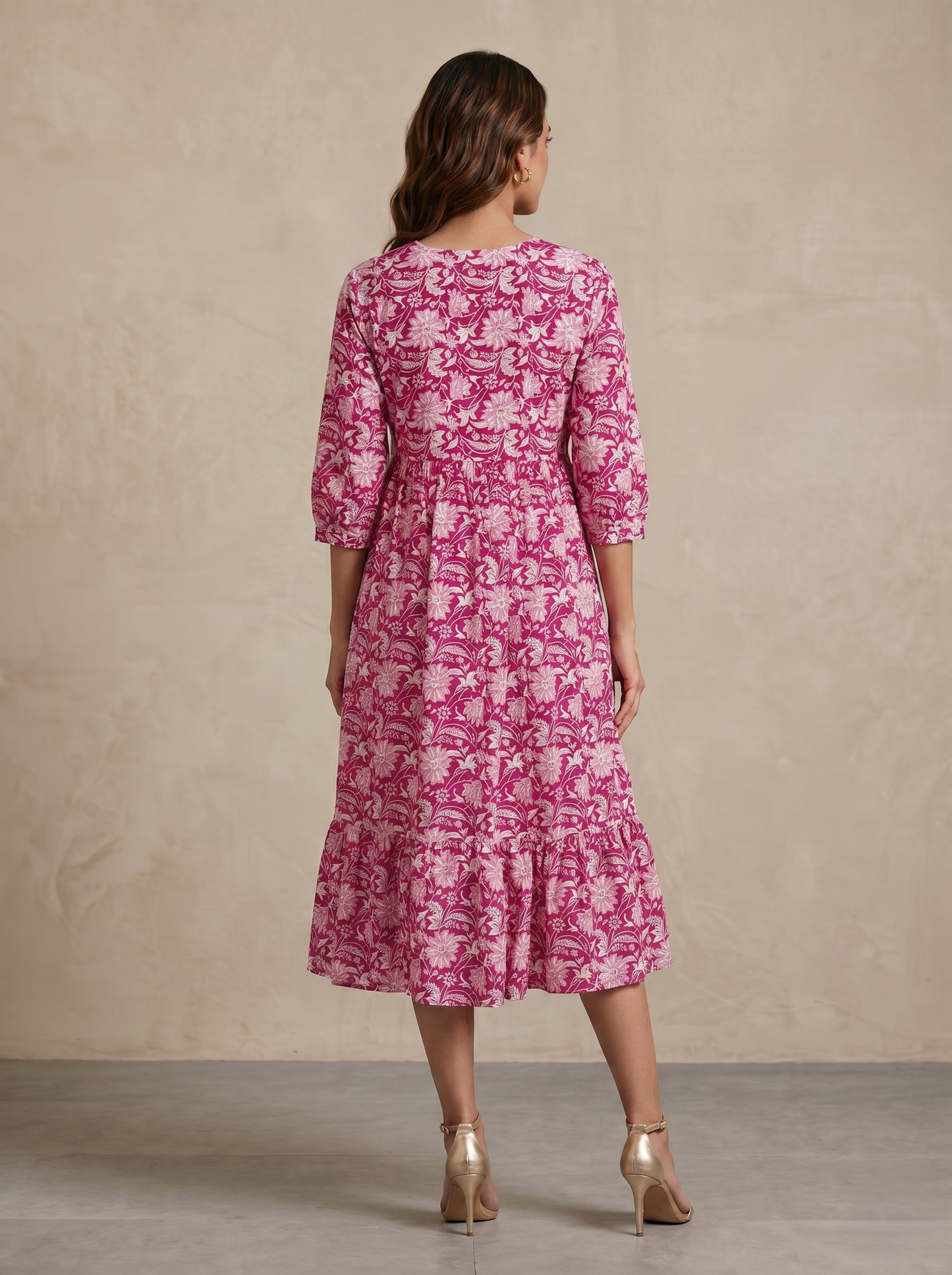 Women's Pink Viscose Rayon Floral Print Midi Dress
