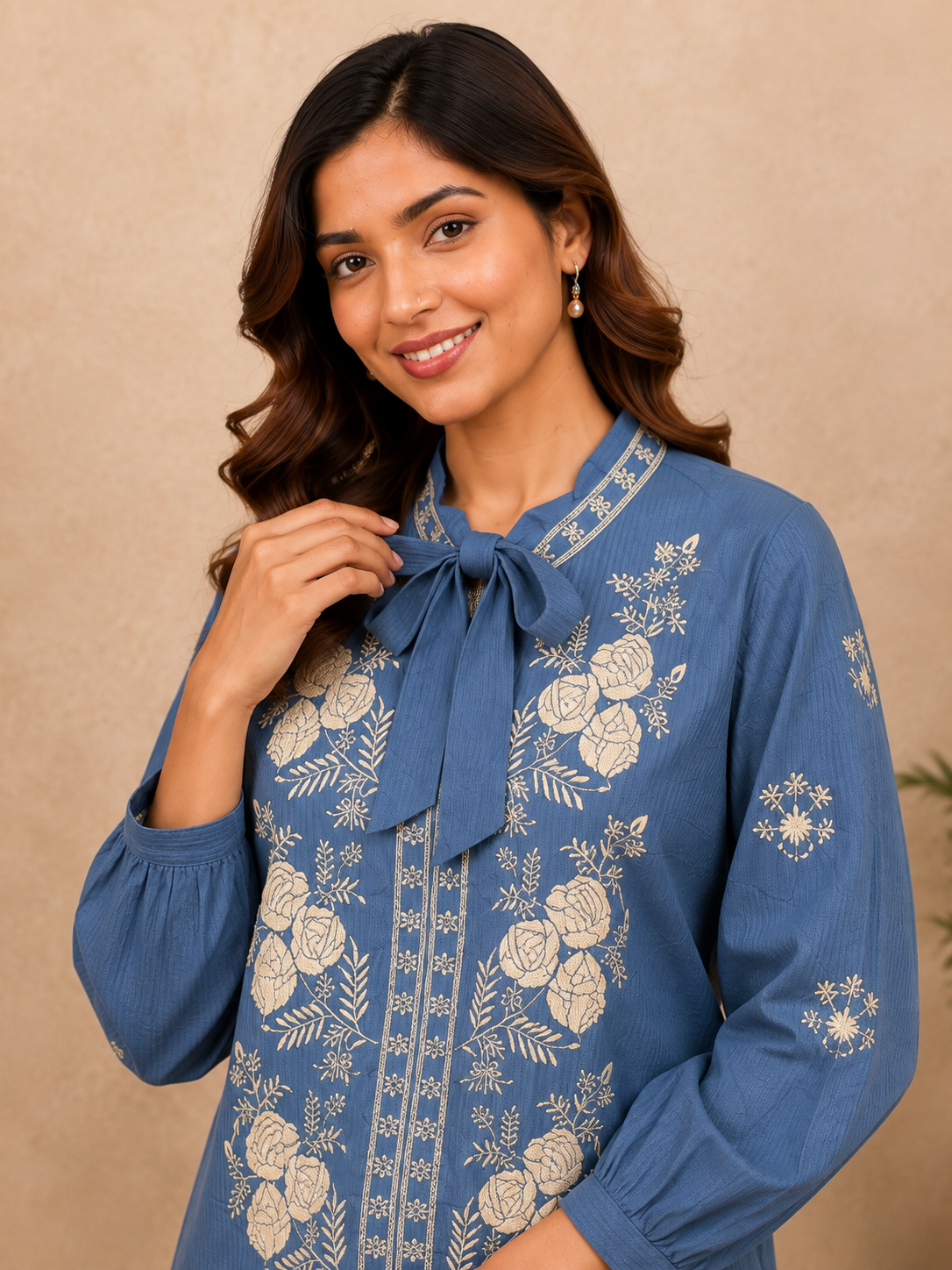 Blue Embroidered Tie-Neck Cotton Co-ord Set for Women