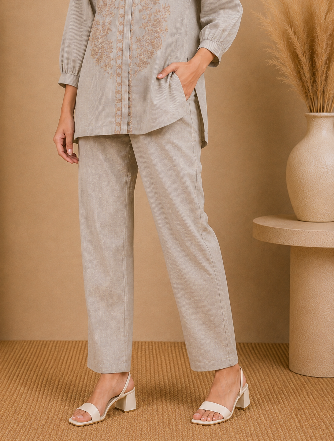 Beige Embroidered Tie-Neck Cotton Co-ord Set for Women
