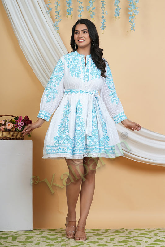 Kalparun Women's Ocean Breeze White Cotton Short Dress with Turquoise Wave Embroidery, Long Sleeve, Belted Waist