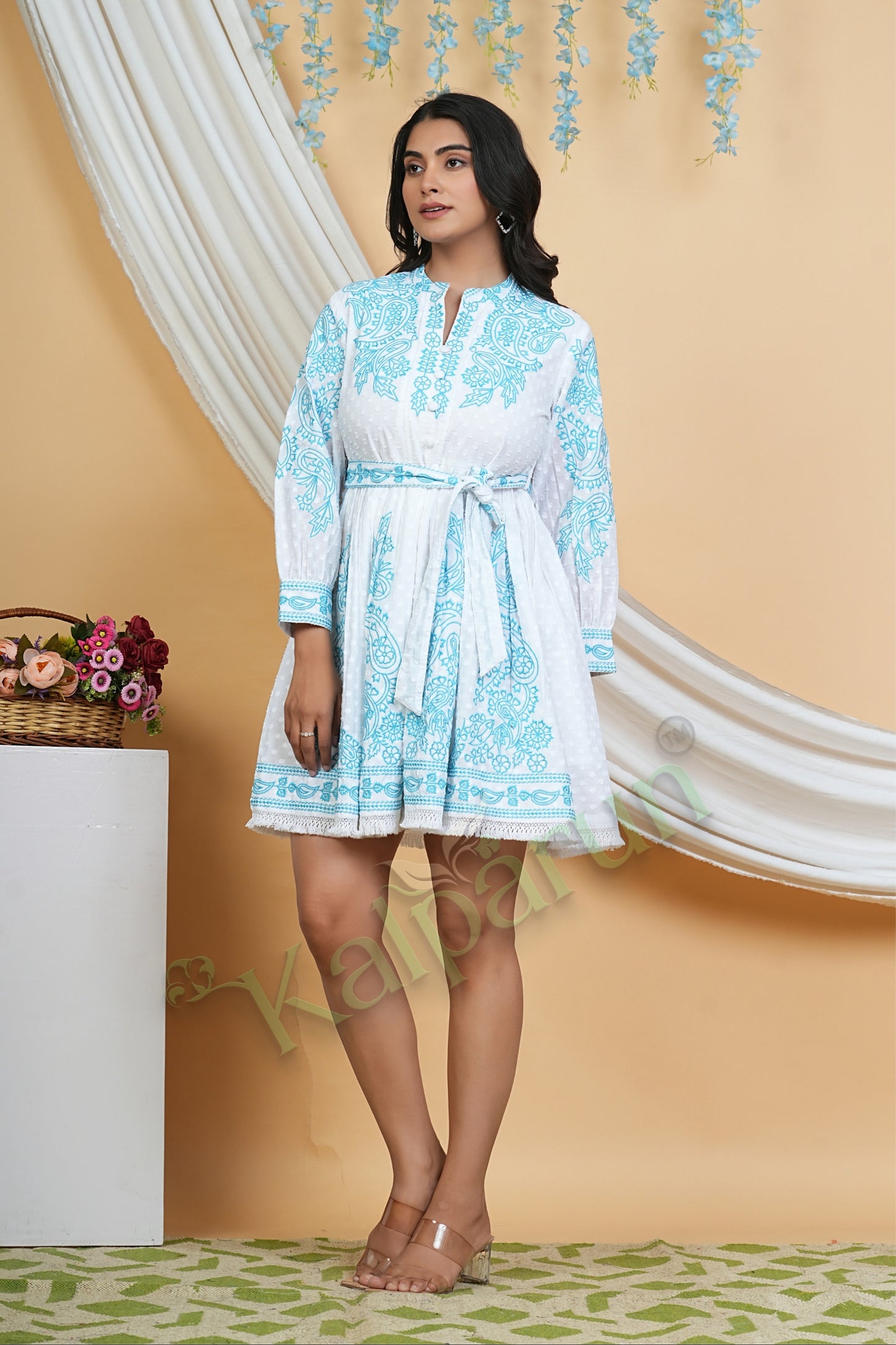 Kalparun Women's Ocean Breeze White Cotton Short Dress with Turquoise Wave Embroidery, Long Sleeve, Belted Waist