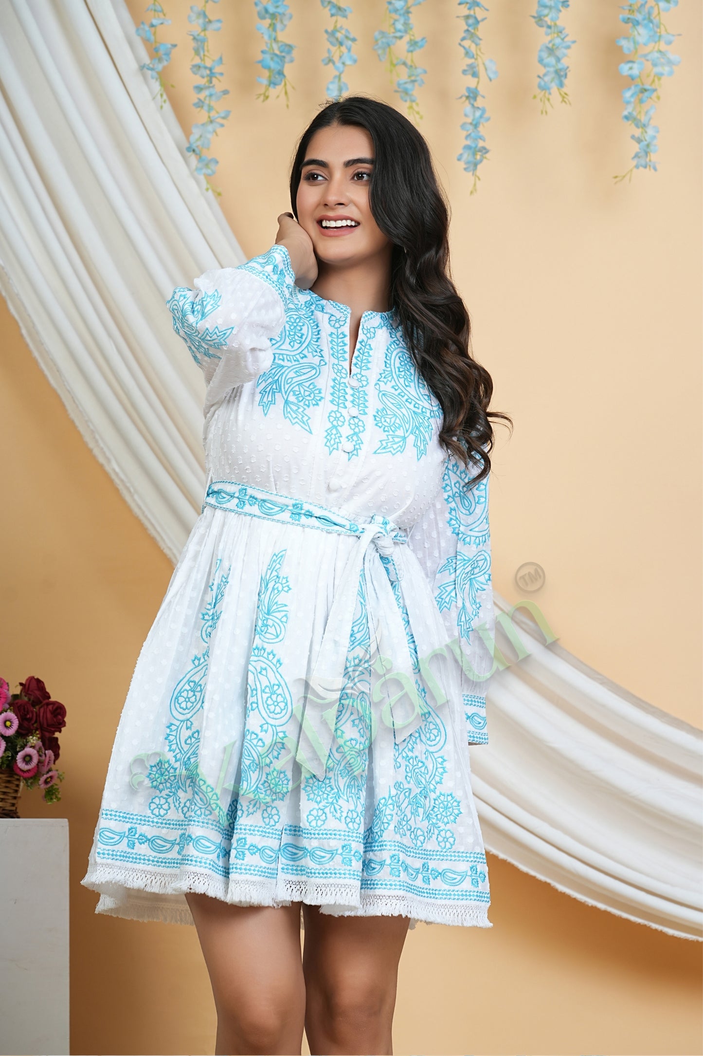 Kalparun Women's Ocean Breeze White Cotton Short Dress with Turquoise Wave Embroidery, Long Sleeve, Belted Waist