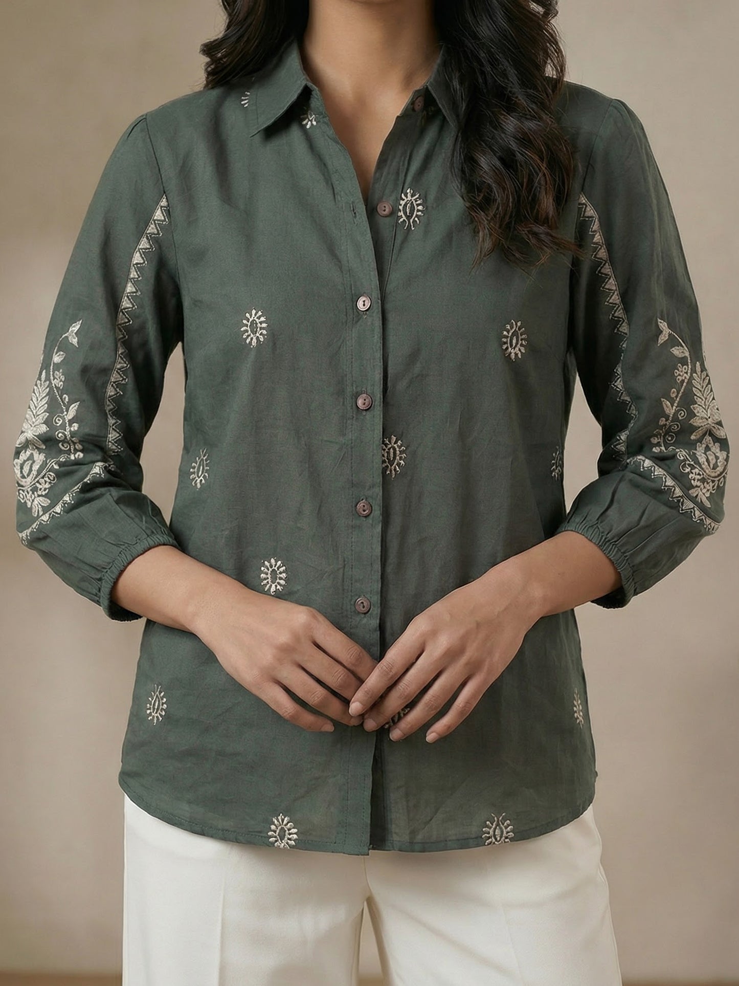 Kalparun Green and Olive Green Embroidered Shirt