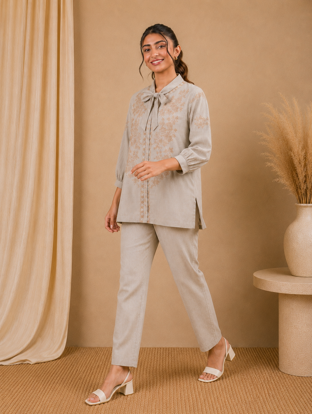 Beige Embroidered Tie-Neck Cotton Co-ord Set for Women