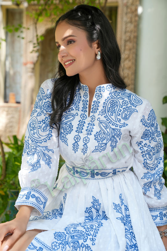 Kalparun Frost White & Indigo Bloom Cotton Embroidered Short Dress with Indigo Floral Pattern, Long Sleeves, Mandarin Collar