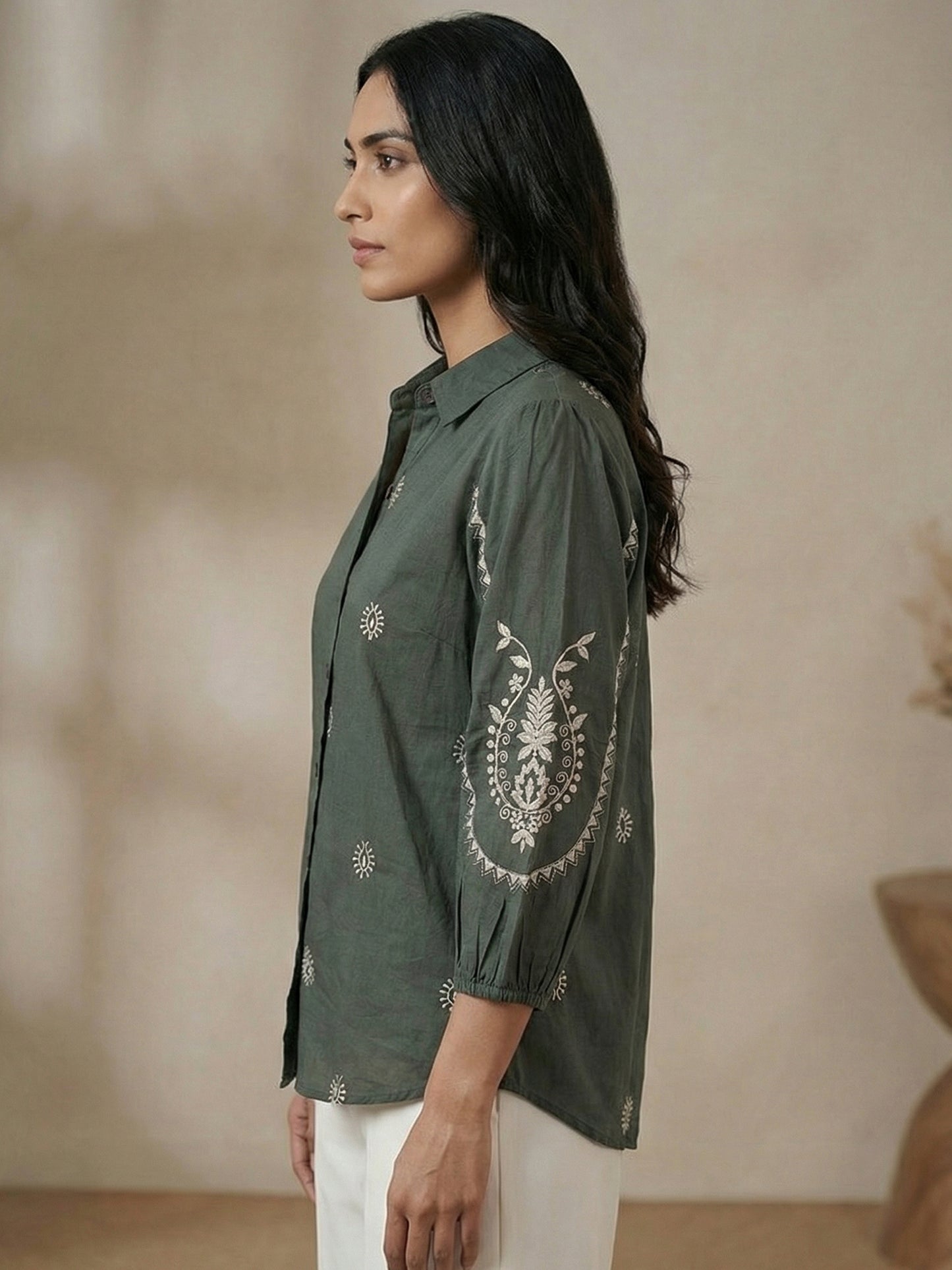 Kalparun Green and Olive Green Embroidered Shirt