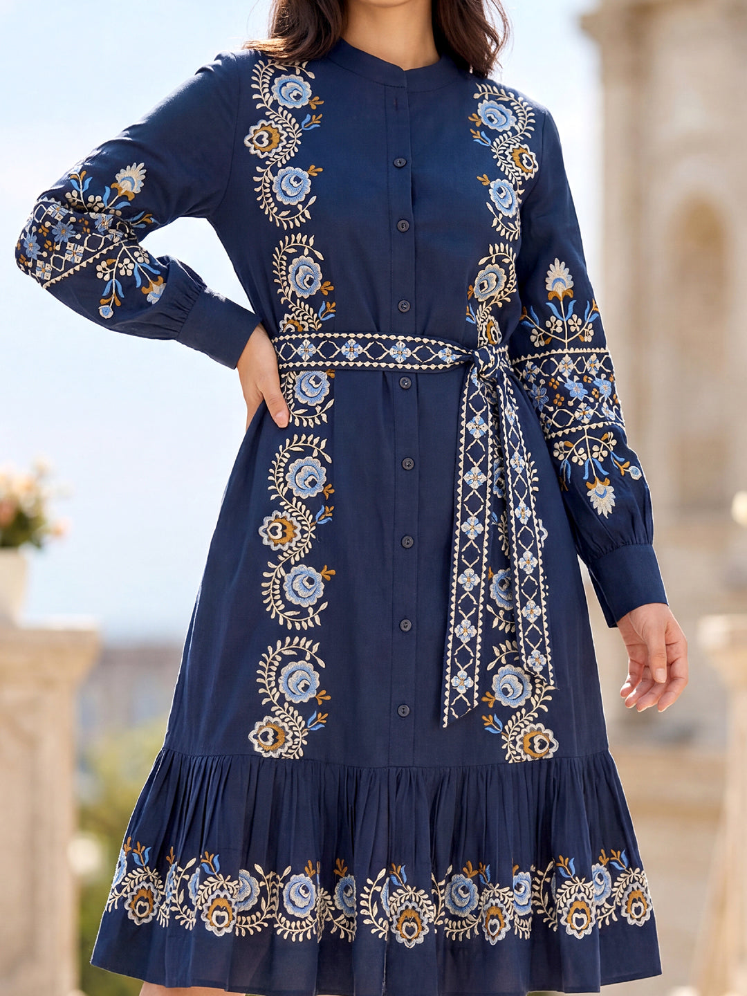 Women’s Blue Cotton Floral Embroidered Midi Dress with Belt