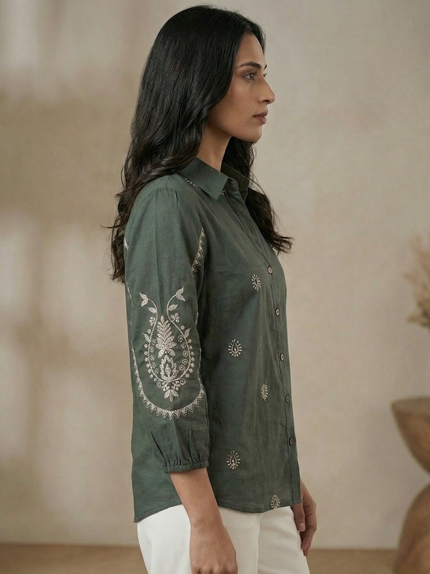 Kalparun Green and Olive Green Embroidered Shirt