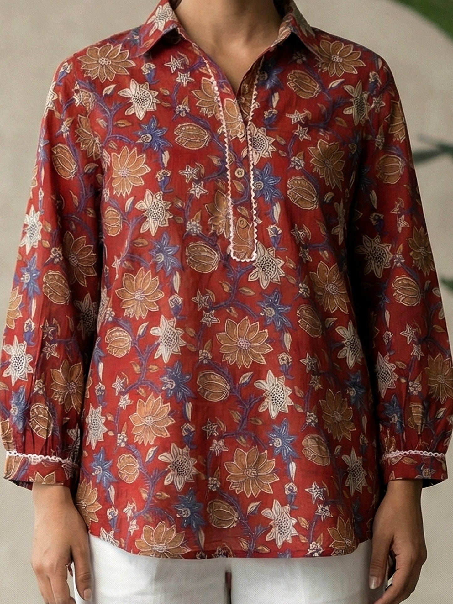 Marron Printed Cotton Shirt for Women
