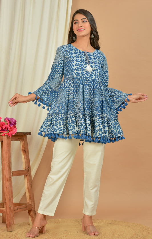 Kalparun Floral Print Mini Dress – Blue with Bell Sleeves & Tassel Trim