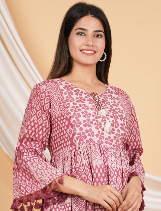 Kalparun Floral Print Mini Dress with Bell Sleeves, Coral Pink Color, Tassel Trim, Cotton Blend
