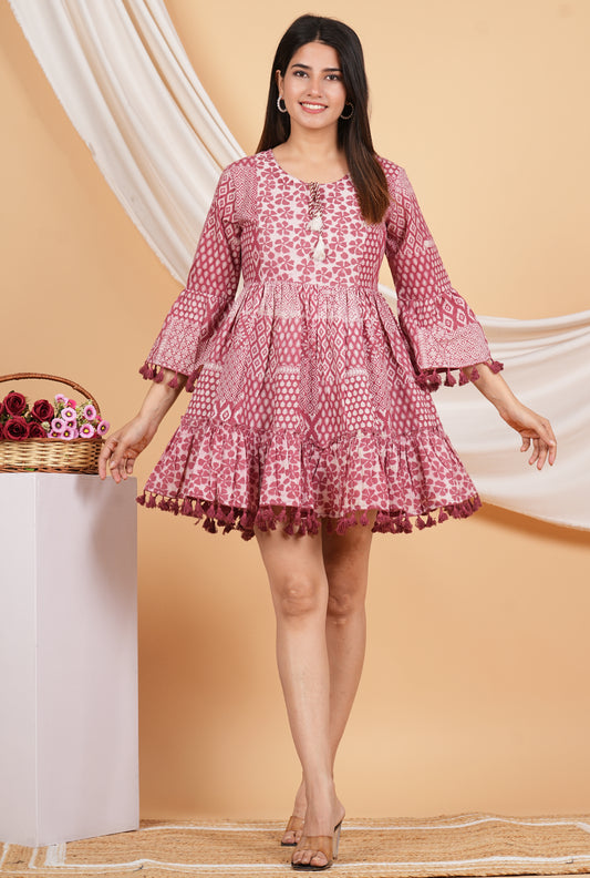 Kalparun Floral Print Mini Dress with Bell Sleeves, Coral Pink Color, Tassel Trim, Cotton Blend