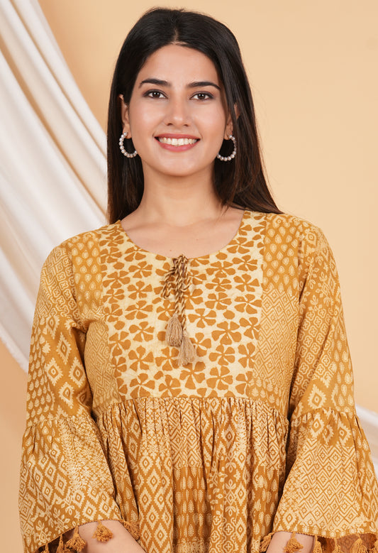 Kalparun Floral Print Mini Dress with Bell Sleeves, Coral Pink, Tassel Trim, Cotton Blend