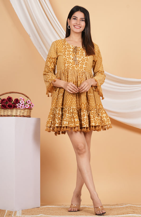 Kalparun Floral Print Mini Dress with Bell Sleeves, Coral Pink, Tassel Trim, Cotton Blend