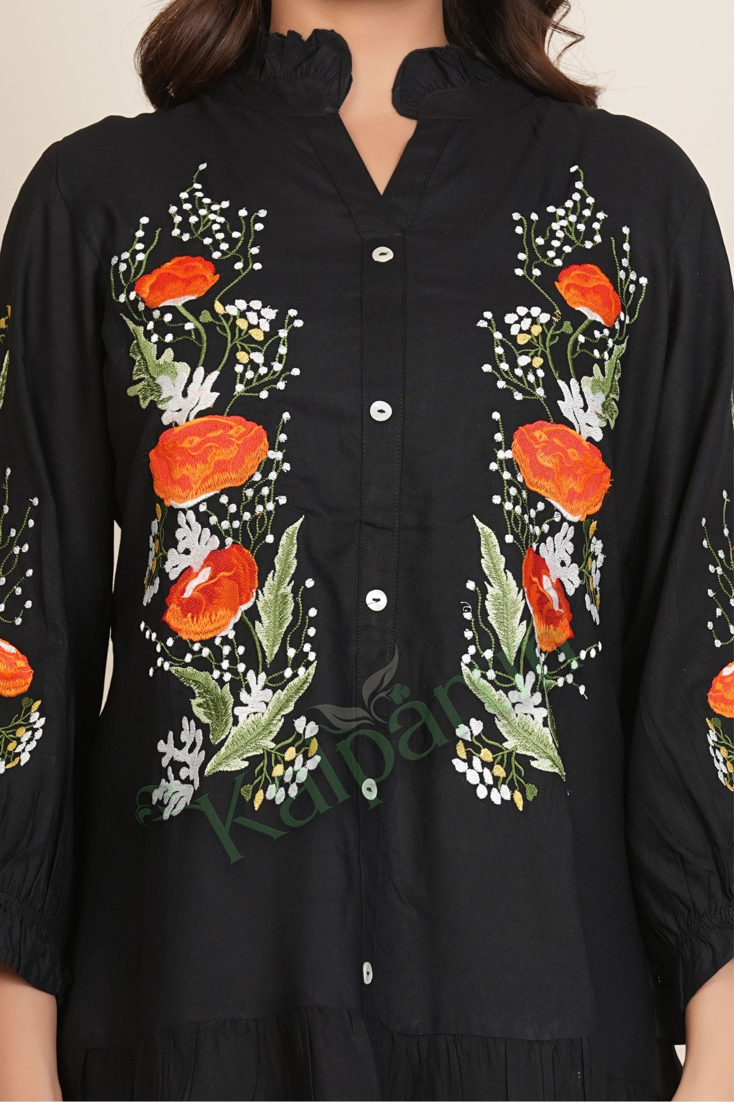 Kalparun Women's Ebony with Flame Orange Embroidered Short Dress, 3/4 Sleeve Button-Down, Tangerine Blossom Pattern