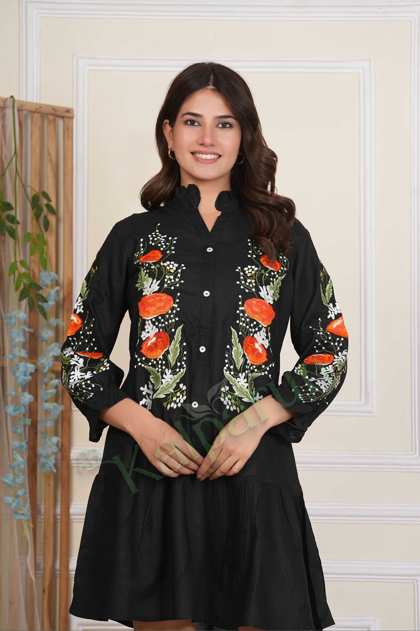Kalparun Women's Ebony with Flame Orange Embroidered Short Dress, 3/4 Sleeve Button-Down, Tangerine Blossom Pattern