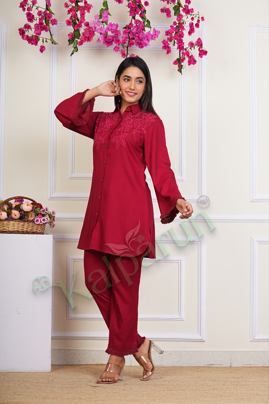 Elegant Red Embroidered Button-Down Tunic with Bell Sleeves and Matching Trousers, Traditional Floral Design