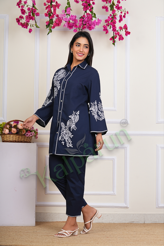 Women's Navy Blue Cotton cord Set with White Floral Embroidery, Button-Down Collar, Bell Sleeves, Traditional 2-Piece Set