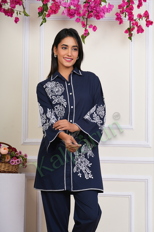 Women's Navy Blue Cotton cord Set with White Floral Embroidery, Button-Down Collar, Bell Sleeves, Traditional 2-Piece Set