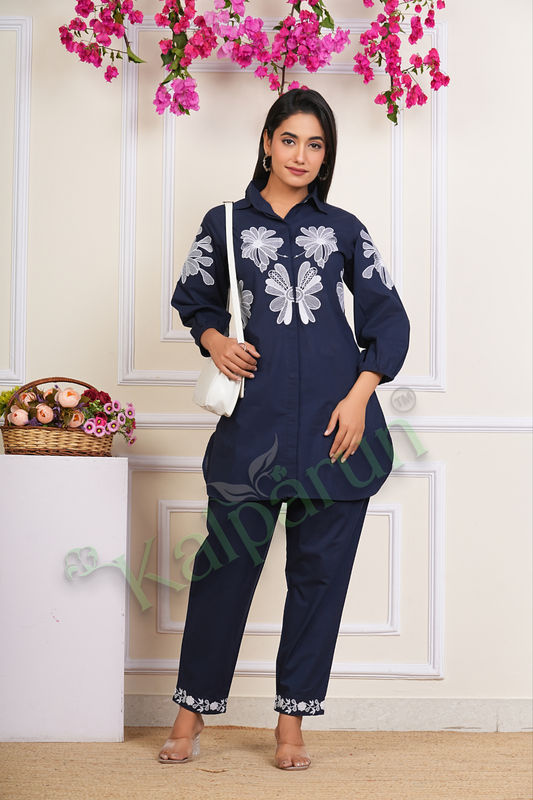 Women's Navy Blue Cotton Tunic Set with White Floral Embroidery, 3/4 Sleeve Collared Top with Pants