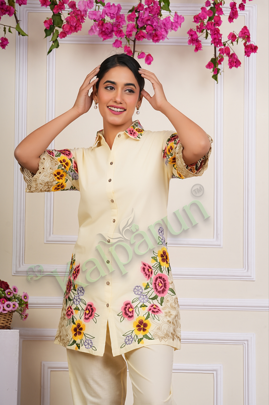 KALPARUN Floral Embroidered Cotton Tunic Set, Cream Button-Down Top with Pants, Lace Detail on 3/4 Sleeves