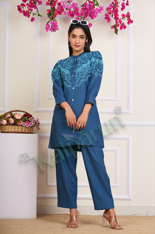 Kalparun Women's Embroidered Cotton Kurta Set, Teal Blue with Floral Design, Button-Down, 3/4 Sleeve