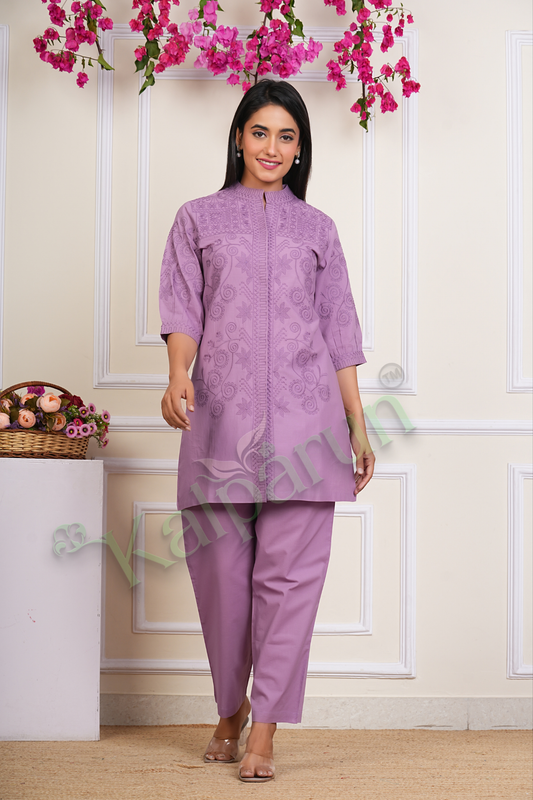 KALPARUN Women's Cotton Kurta Set with Embroidery, Lavender Purple, 3/4 Sleeve, Mandarin Collar