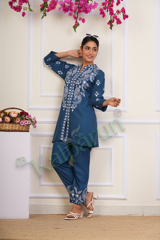 KALPARUN Women Co Ord Set | Women's Embroidered Tunic and cord Set, Rayon Ethnic Co Ord Set for Women | Teal Blue with White Floral Design, 3/4 Sleeve