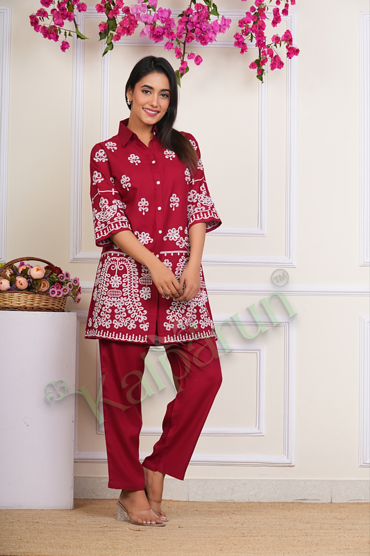 KALPARUN Women's Floral Embroidered Kurta Set, Red Cotton with White Thread Work, 3/4 Sleeve Button-Down Top with Pants