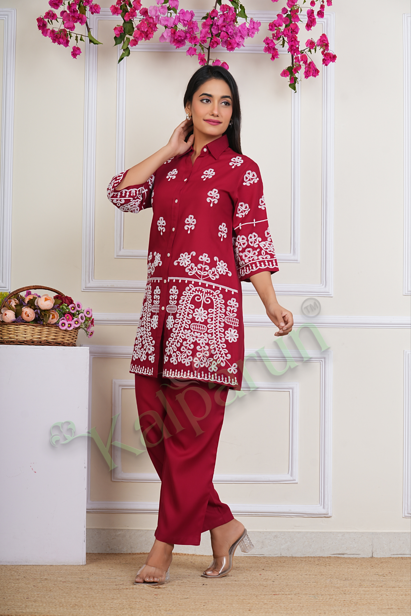 KALPARUN Women's Floral Embroidered Kurta Set, Red Cotton with White Thread Work, 3/4 Sleeve Button-Down Top with Pants