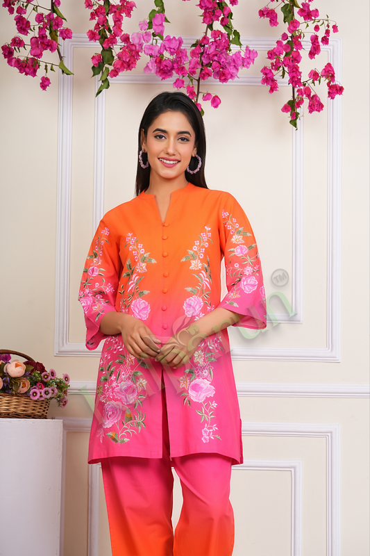 KALPARUN Women's Ombre Floral Embroidered Kurta Set, Orange-Pink Cotton, 3/4 Sleeve Button-Down Top with Pants