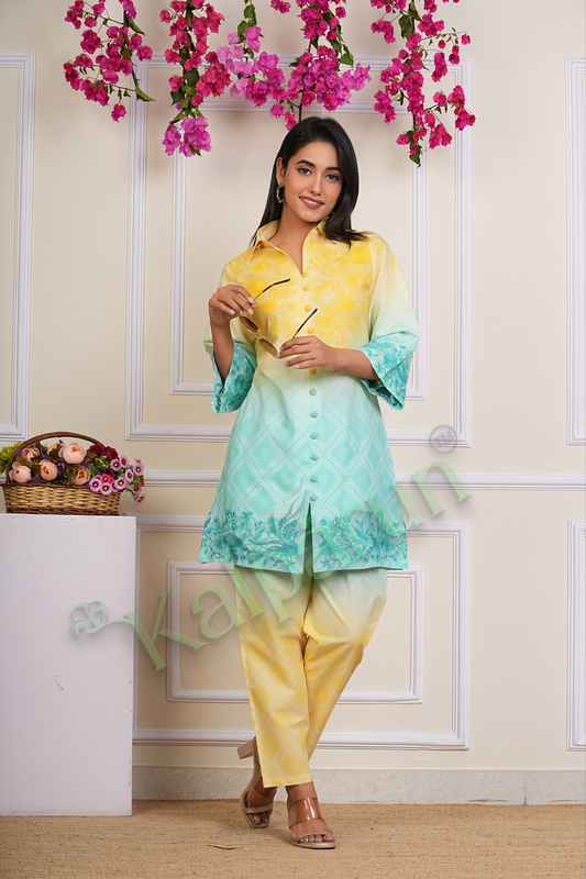 KALPARUN Women's Ombre Kurta Pant Set, Yellow to Mint Green, Floral Embroidered Button-Down Cotton Suit