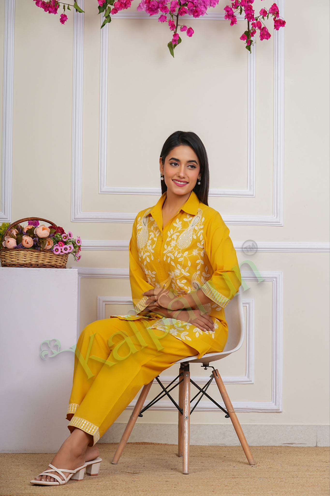 KALPARUN Women's Yellow Cotton Suit Set with White Embroidered Peacock Motif, 3/4 Sleeves, Collared