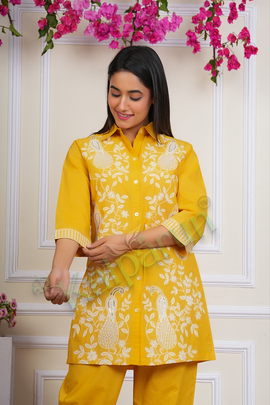 KALPARUN Women's Yellow Cotton Suit Set with White Embroidered Peacock Motif, 3/4 Sleeves, Collared