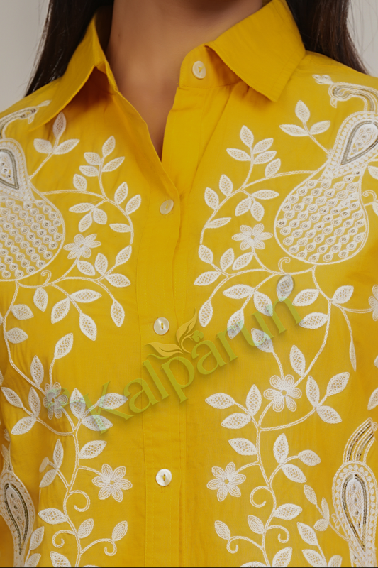 KALPARUN Women's Yellow Cotton Suit Set with White Embroidered Peacock Motif, 3/4 Sleeves, Collared